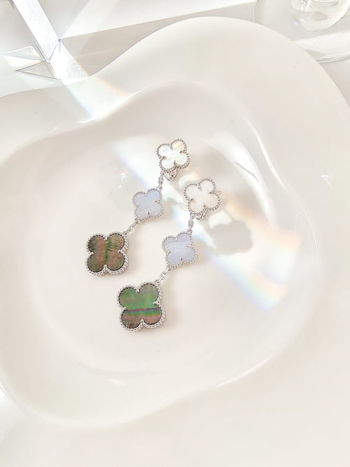 VCA CLOVER 3 MOTIFS CHALCEDONY DARK MOP SILVER EARRINGS