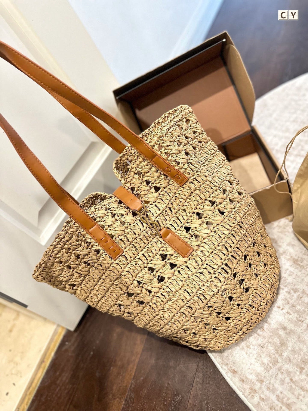 ysl-panier-medium-in-raffia-and-vegetable-tanned-leather Tote