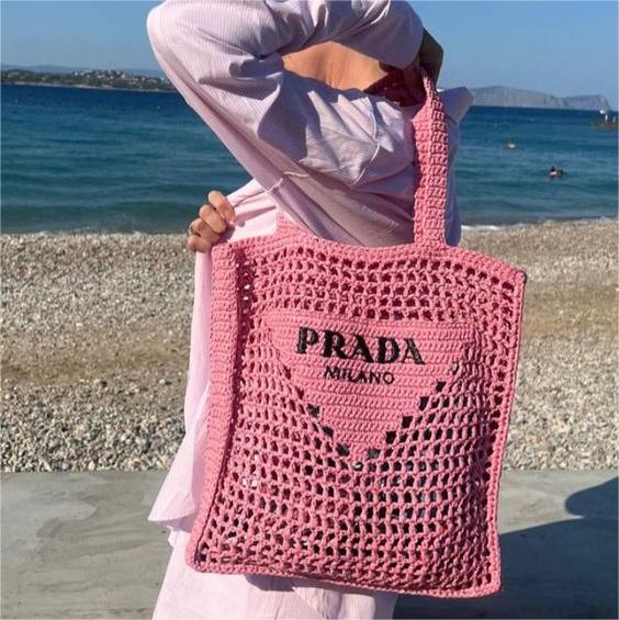 prada-womens-natural-crochet-tote-bag-pink Tote