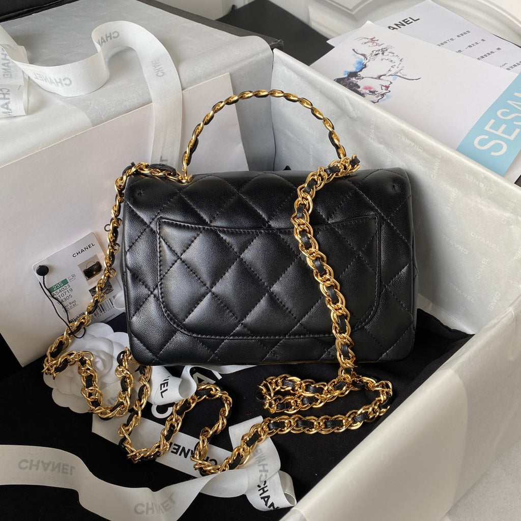 chanel-flap-bag-gold-top-handle-black-13x21x8cm Handle