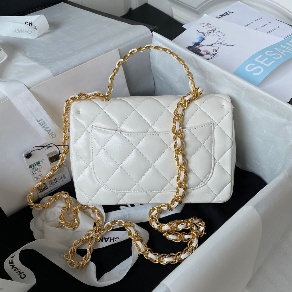 chanel-flap-bag-gold-top-handle-white-13x21x8cm Handle
