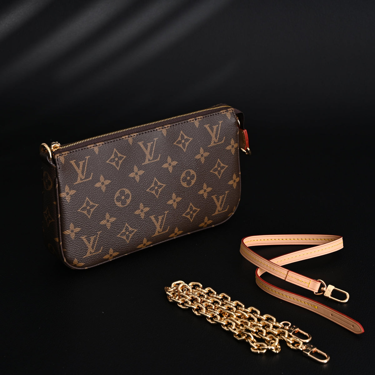 louis-vuitton-pochette-accessoires-monogram-canvas-clutch-bag-brown-with-gold-chain-m82766 Crossbody