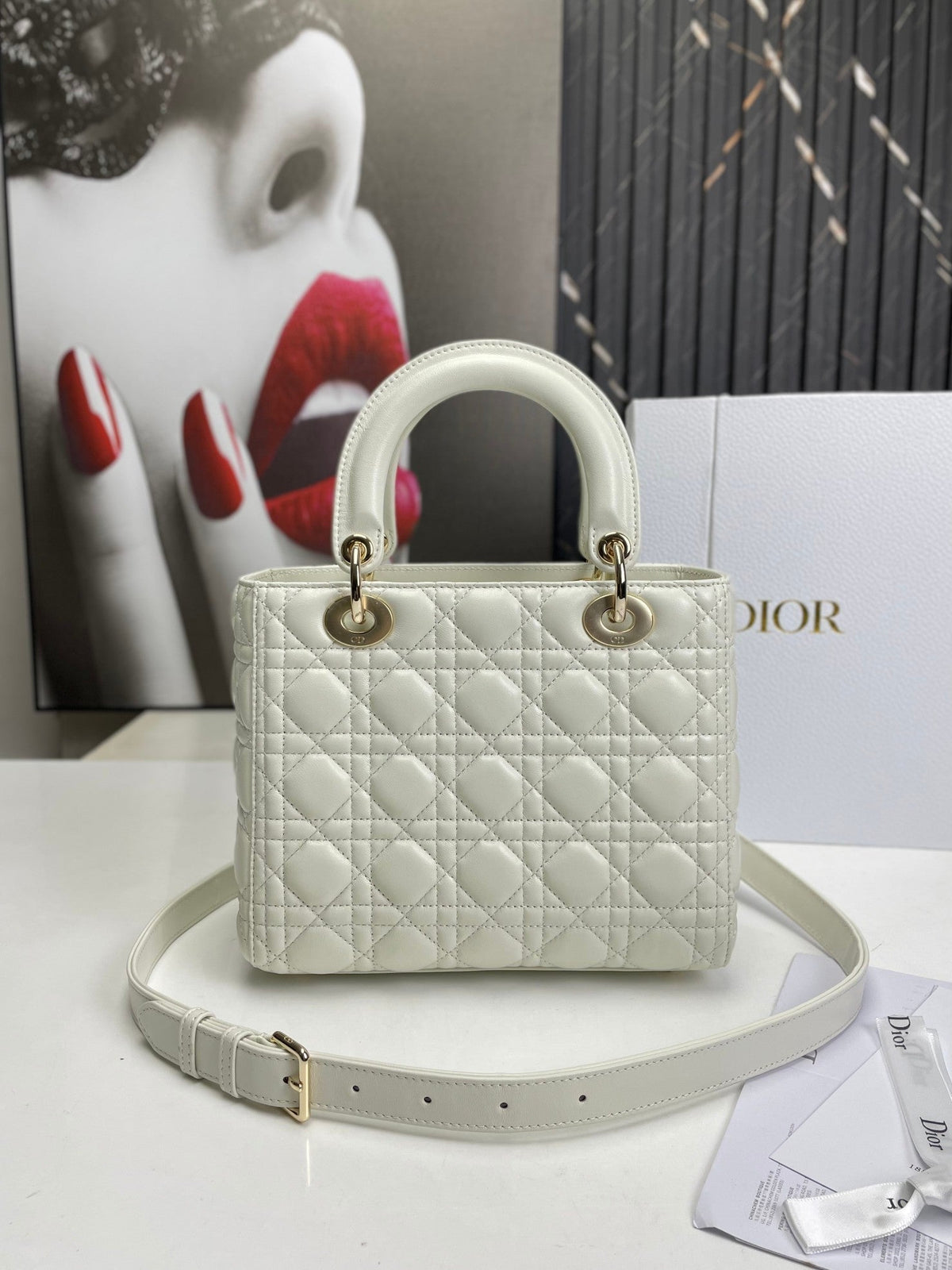 dior-lady-medium-white-bag-24cm Handle