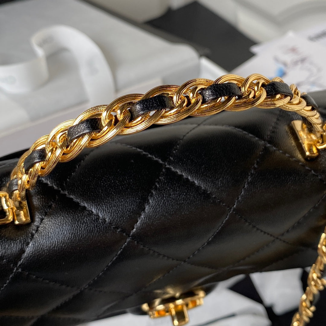 chanel-flap-bag-gold-top-handle-black-13x21x8cm Handle
