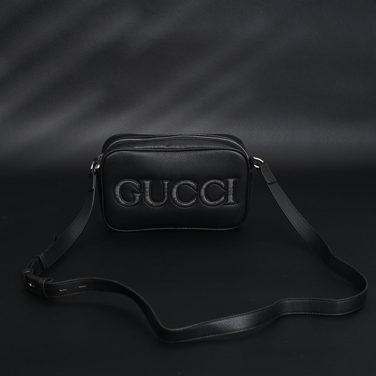 gucci-black-leather-embossed-logo-belt-bag Crossbody