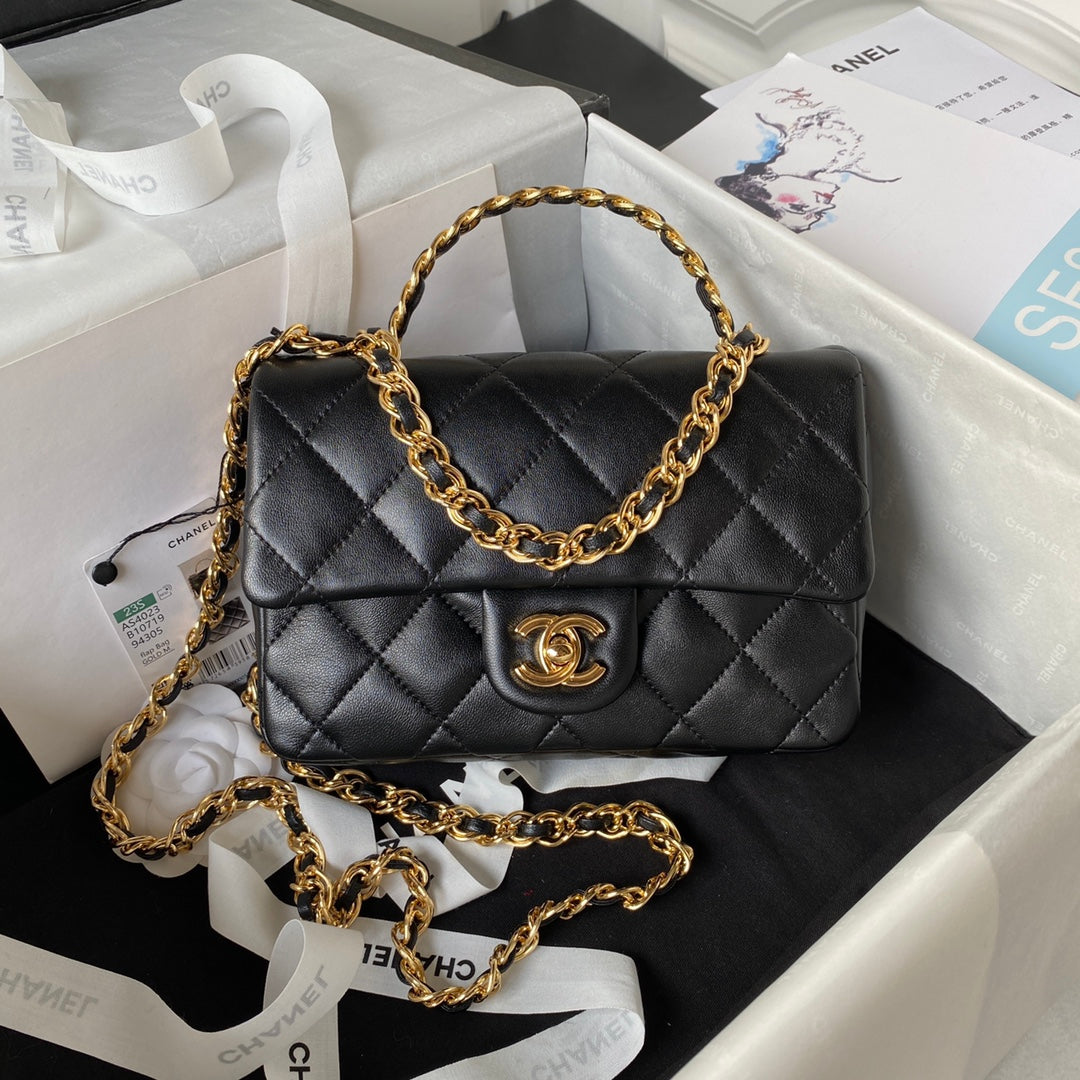chanel-flap-bag-gold-top-handle-black-13x21x8cm Handle