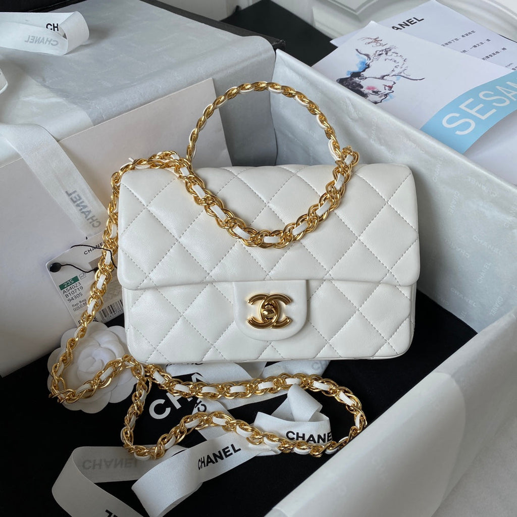 chanel-flap-bag-gold-top-handle-white-13x21x8cm Handle