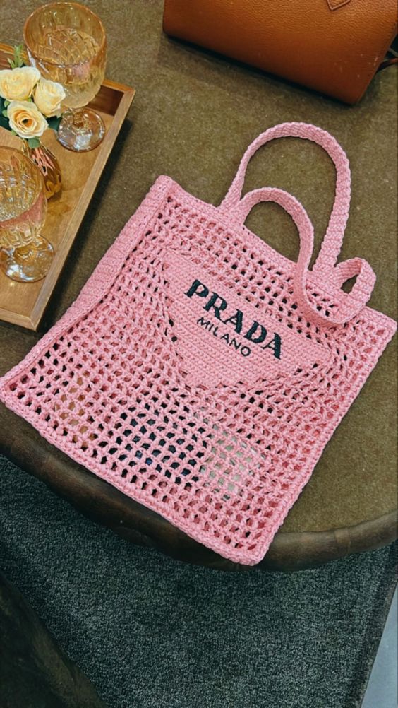 prada-womens-natural-crochet-tote-bag-pink Tote