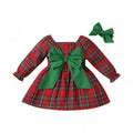 Mommbaby Christmas Girls Autumn and Winter Princess Bow Plaid Dress Kids Clothes
